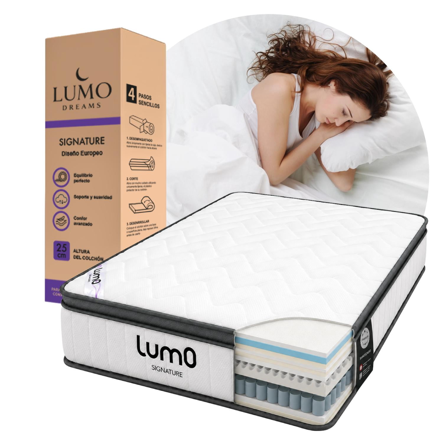 Colchon Matrimonial 25cm Memory Foam+Resortes Hybrid en Caja