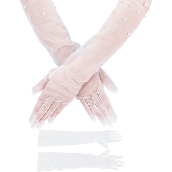 1 Pair Pearl Wedding Tulle Bridal Gloves Long Gloves with Imitation Pearl Bridal Mesh Sleeves Dance Lace for DIY White