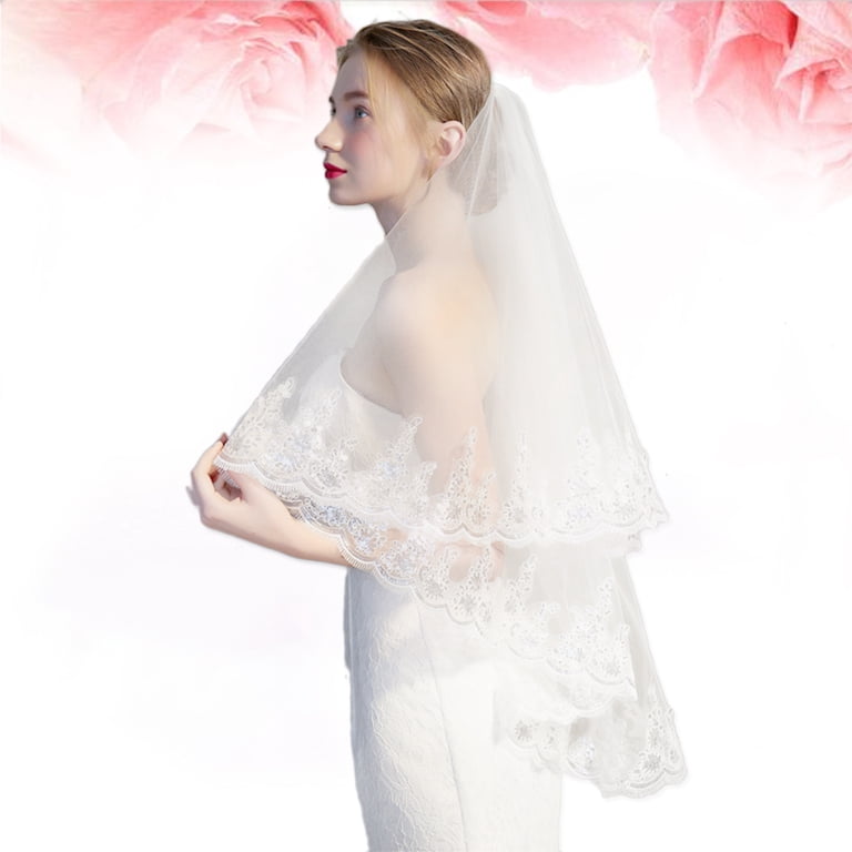 Simple Two-layer Sequined Lace Wedding Veil Short Cathedral  display picture 3
