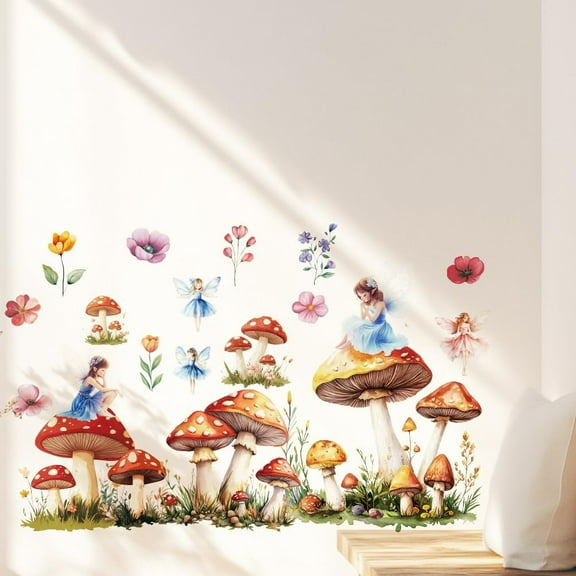 1 Sheet Cute Mushroom Wall Stickers Fairy Wall Stickers Decor Flower Wall Decals Removable Peel and Stick Wall Stickers for Nursery Playroom Room Bedroom Living Room 90x30cm