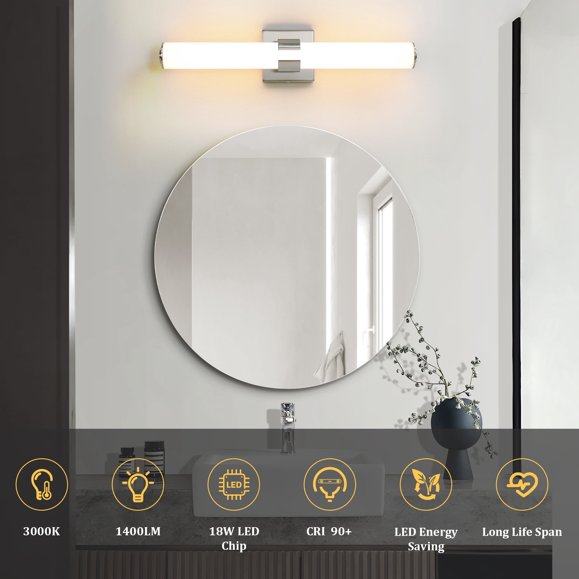 KAISITE Modern 1-Light Dimmable LED Bathroom Vanity Light, Waterproof Lamps for Bathroom, Acrylic Lampshade