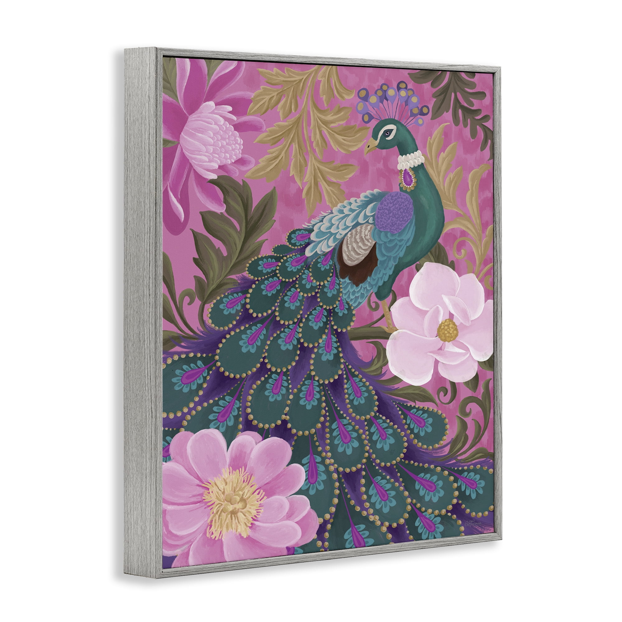 Stupell Industries Peacock & Pink Blossoms Animals & Insects Painting Gray Framed Art Print Wall Art, 24 x 30