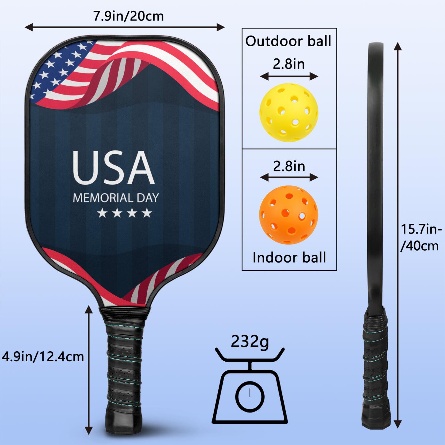 Pickleball Paddles Set Of 2, Fiberglass Surface, USA, Independence Day Print, 4 Balls & Bag