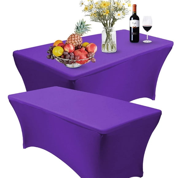 Reliancer 2 Pack 4Ft Rectangular Spandex Table Cover Four-Way Tight Fitted Stretch Tablecloth Table Cloth For Outdoor Party Dj Tradeshow Banquet Vendor Wedding Celebration (2Pc 4Ft Purple)