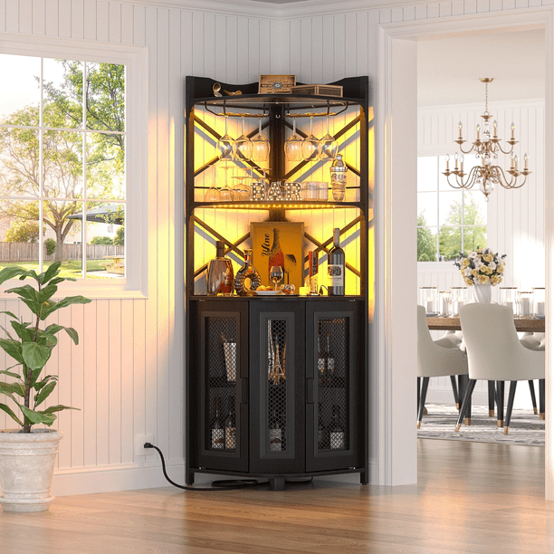 Muebles para Cocina, Gabinete para Vinos con Luces LED, Cantina Bar Mueble para Casa con Toma de Corriente, 5 Niveles Estante para Vinos y Copas, Gabinetes de Almacenamiento, 44*44*163cm (Negro)