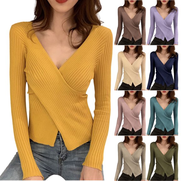 YHAJDS Women's Oversized Cable Knit Sweaters Solid Color Long Sleeve V Neck Knit Pullover Top Inner Layering