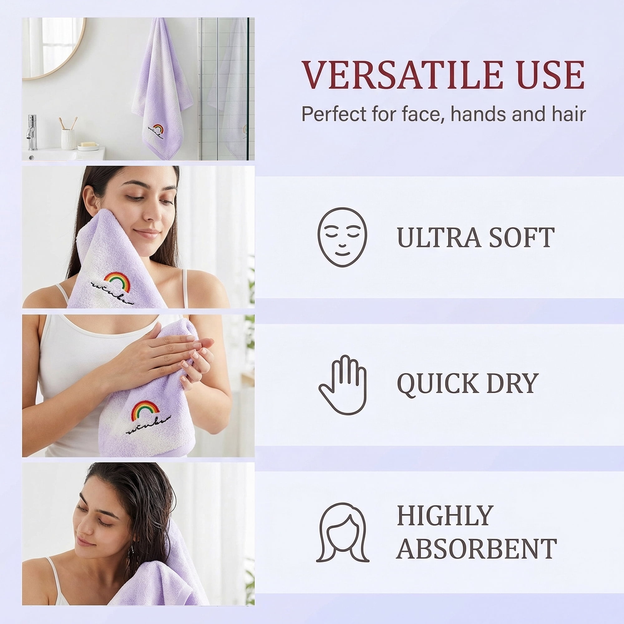 Unique Bargains 2 Pcs Rainbow Cotton Soft Absorbent Hand Towels Purple 28" x 13"