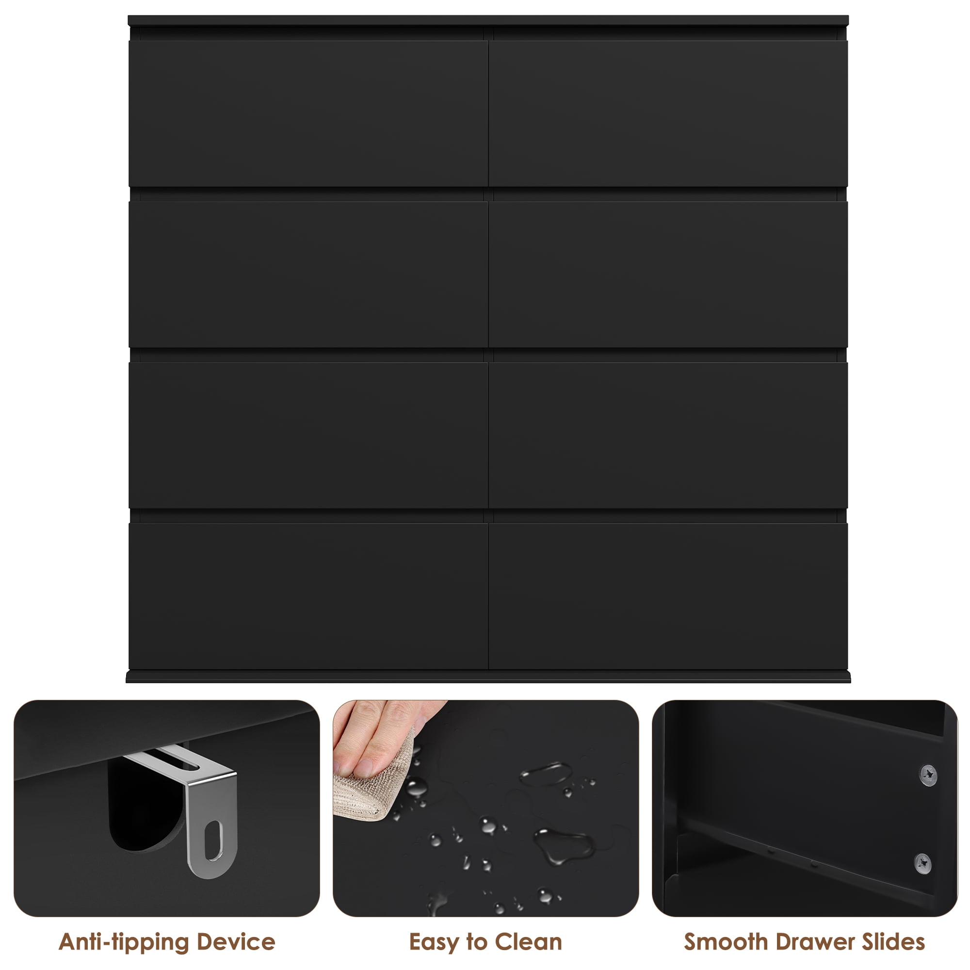 Homfa 8 Drawer Dresser for Bedroom, 41.3" Horizontal Dresser Chest with Easy Pull Bevel Handle, Storage Cabinet for Living Room, Black