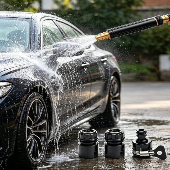 ​Heavy-Duty Metal High-Pressure Car Wash Nozzle – 10X Power Boost, 20M Spray Range, Multi-Spray Modes for Cars/Garden/Yard – No Electricity, Includes 3 PVC Joints (Household Use)​​ Black