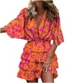 thumbnail image 2 of OKBOP Long Sleeve V-Neck Mid-Calf Dress Women Sexy Half Sleeve Printed V-Neck Hem Ruffle Irregular Dresses wear Peplum Dress Clearance Orange XL(10), 2 of 6