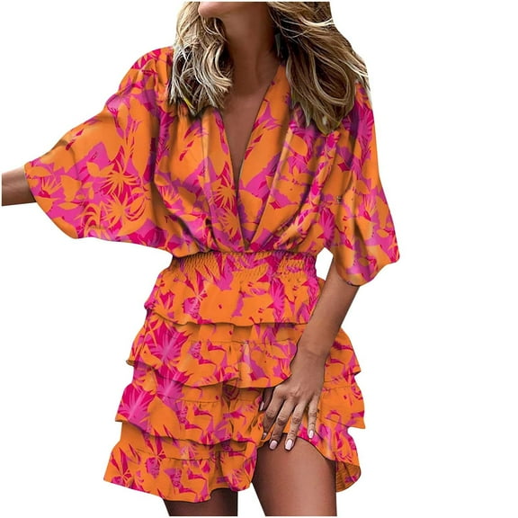 Herrnalise Women’s Dresses Summer 2024 SexyHalf Sleeve Printed V-NeckHemRuffle Irregular Dresses S-2XL