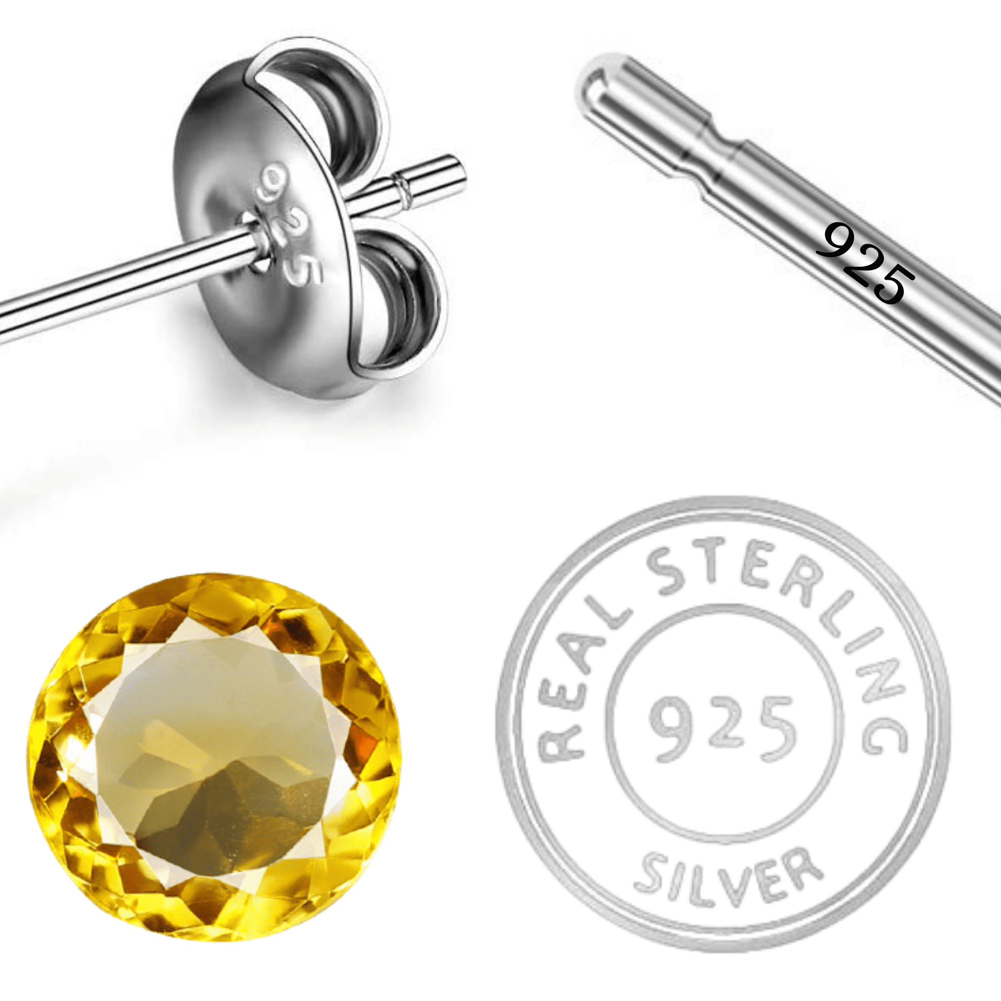 Femme Jam 925 Sterling Silver 6mm Round Citrine Stud Earrings, Yellow Gemstone Solitaire, Hypoallergenic Unisex Jewelry