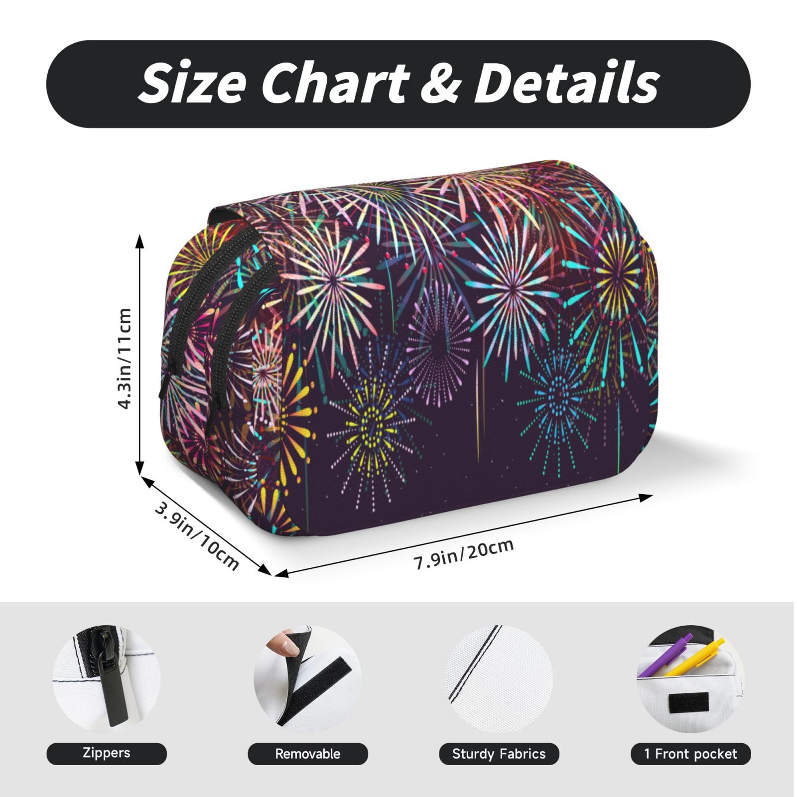 Rateoe Fireworks2 Pattern Double Clamshell Pen Case, Storage Organizer with Two Zipper Compartments– Holds Up to 50 Pencils & Pens