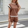 thumbnail image 4 of 2 Piece Outfits for Women Color Block Crew Neck Short Sleeve Top and Shorts Lounge Matching Set Tracksuits, 4 of 5