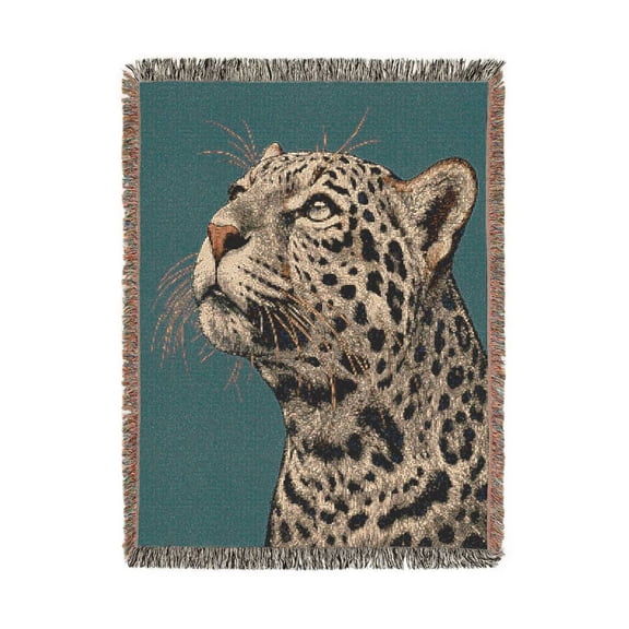 Teal Vintage Leopard Portrait Woven Blanket, 100% Cotton, Wildlife Style for Living Room or Bedroom
