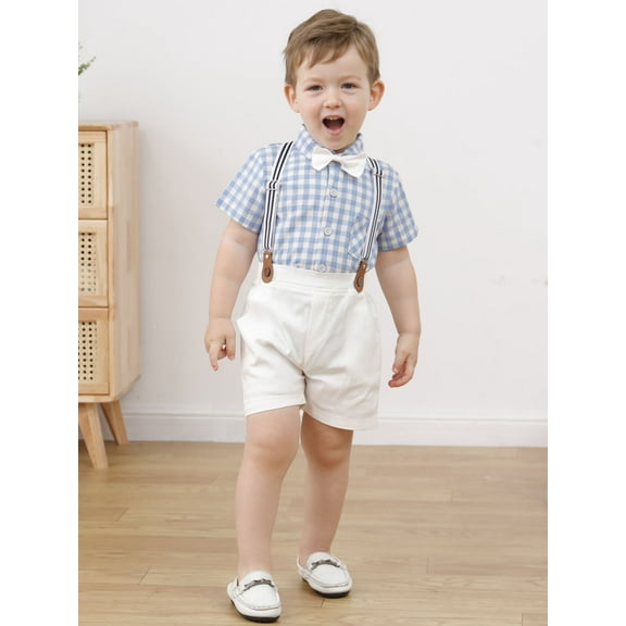 Toddler Boys Formal Outfits Suits Baby Party Plaid Clothes Set Shorts Suspender Pants 12 Months-5T