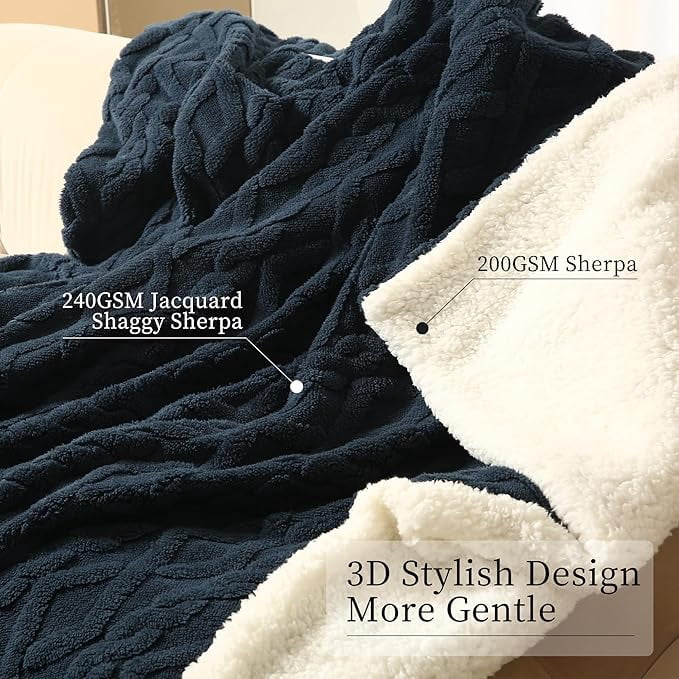 TRUSTWARMTH Electric Heated Blanket Throw 50"×60", Electric Throw Blanket with 5 Heating Levels & 4 Hours Auto Off, Ultra Soft Jacquard Shaggy Sherpa, Machine Washable, Navy Blue