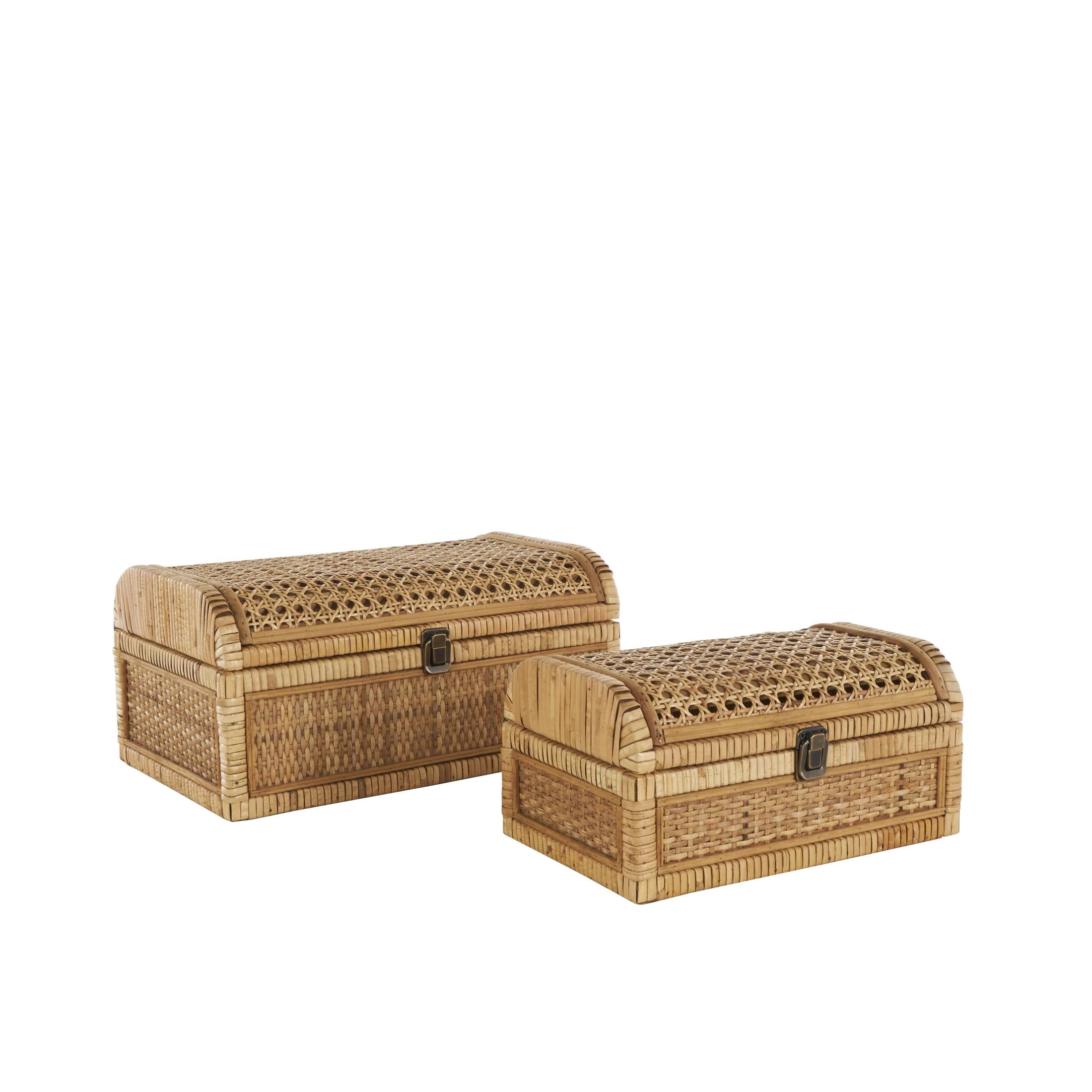 DecMode Handmade Woven Storage Brown Rattan Decorative Box with Curved Tops and Wrapped Edges, 2 Count