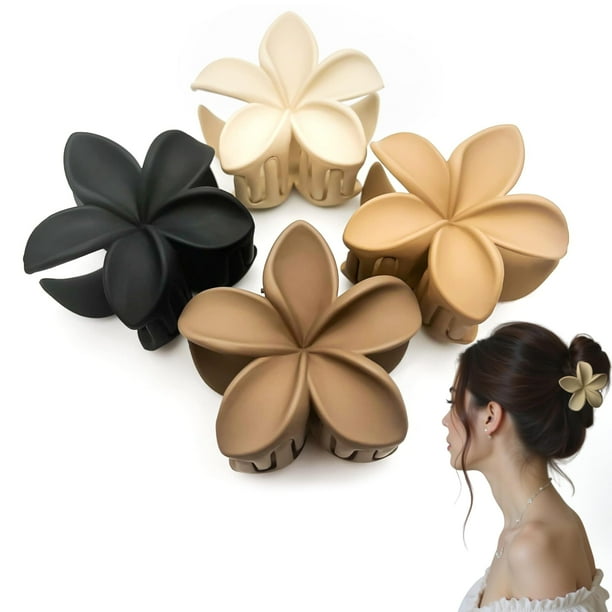 Luvearo 4 pinzas para el pelo antideslizantes con flores mate para mujer, accesorios para el cabello gruesos/finos para mujer, pinzas para el pelo con flores neutras, paquete variado de pinzas para el