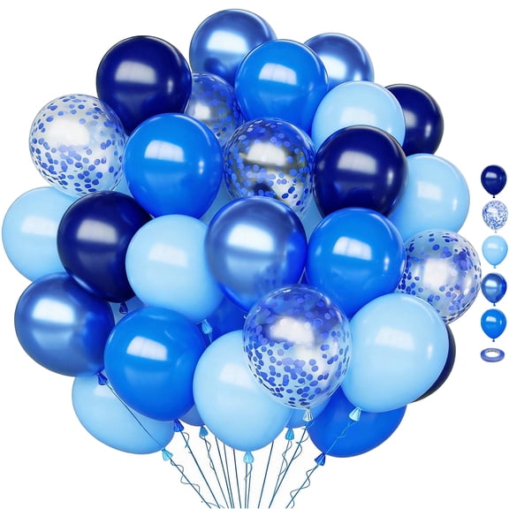 65 Pcs 12 Inch Blue Balloons Set, Metallic Blue Pastel Royal Dusty Blue Balloons for Birthdays, Father's Day, Graduation, Wedding, Anniversary Party Decorations (2 Ribbons)