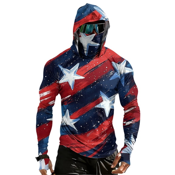 GrmtClth Sun Protection Shirts for Men Long Sleeve UPF 50 250th Anniversary Usa Patriotic Hoodie Fishing Hiking 4th July Sun Shirt Lightweight Rash Guard with Mask Blue L