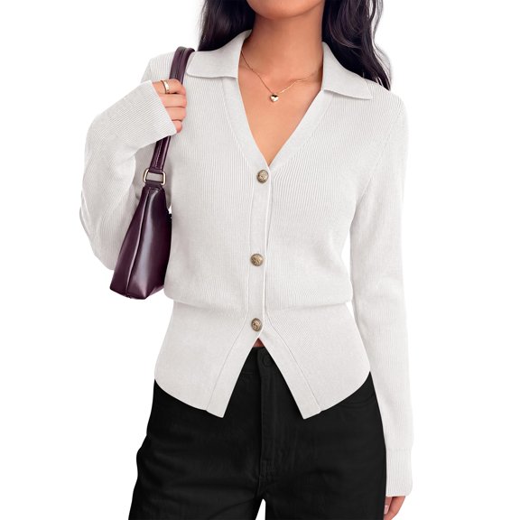 BTFBM Women Long Sleeve Lightweight Cardigans Knitted Button Down Shirts Lapel V Neck, Cropped Sweaters, Slim Fit, Ribbed, Y2K Going Out Tops, Business Casual Outfits, Spring, Fall, Winter Layering