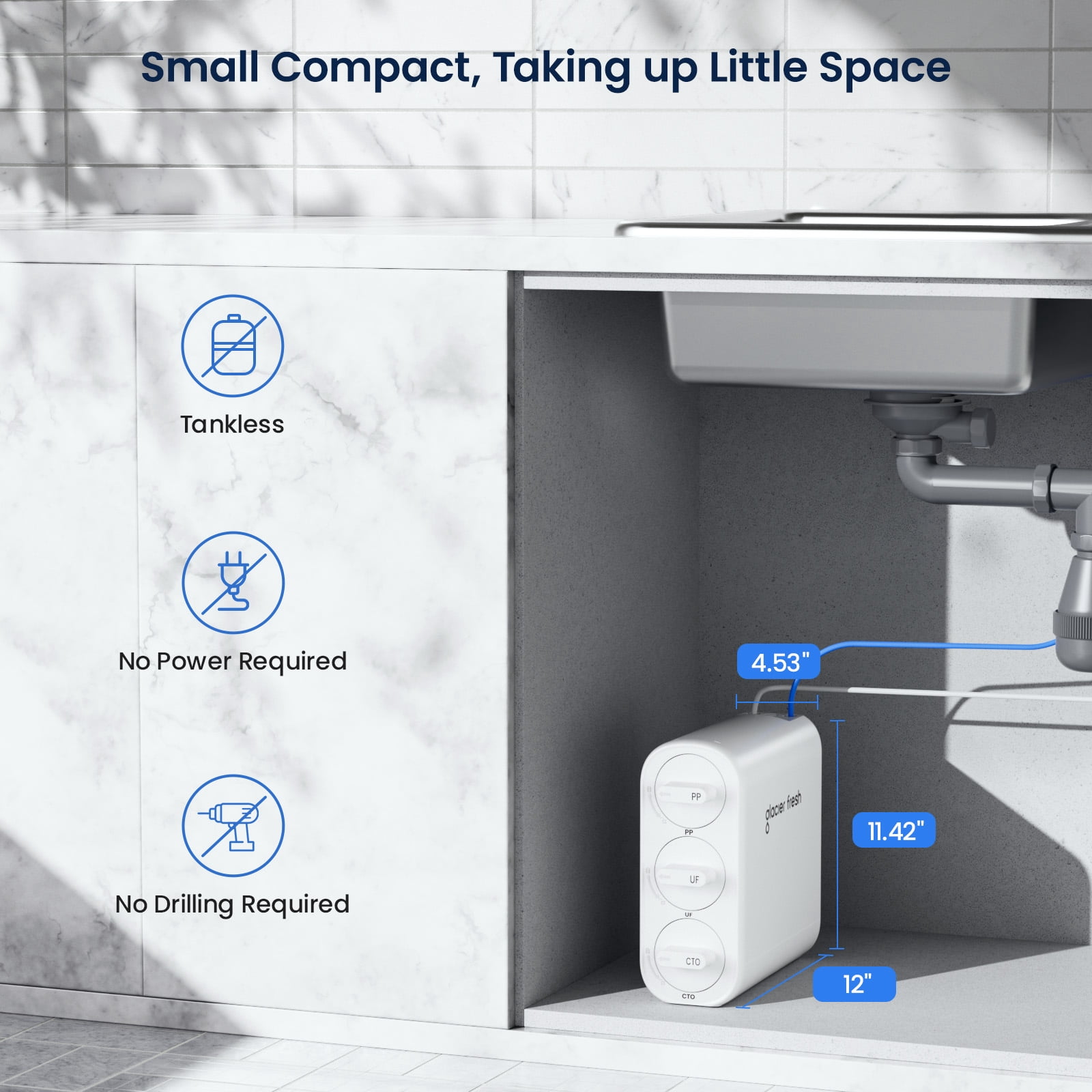 GLACIER FRESH GFU06 0.01μm Ultra Filtration Under Sink Water Filter System, Tankless Ultra, Compact Design, with Faucet, No Electricity & Waste Water, No TDS Reduction