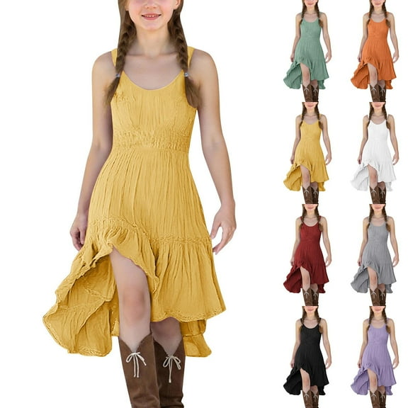 ATOGUTA Girls Fall Dress Sleeveless Crew Neck Casual Holiday High Low Hem Dresses Size 5T-14, Yellow