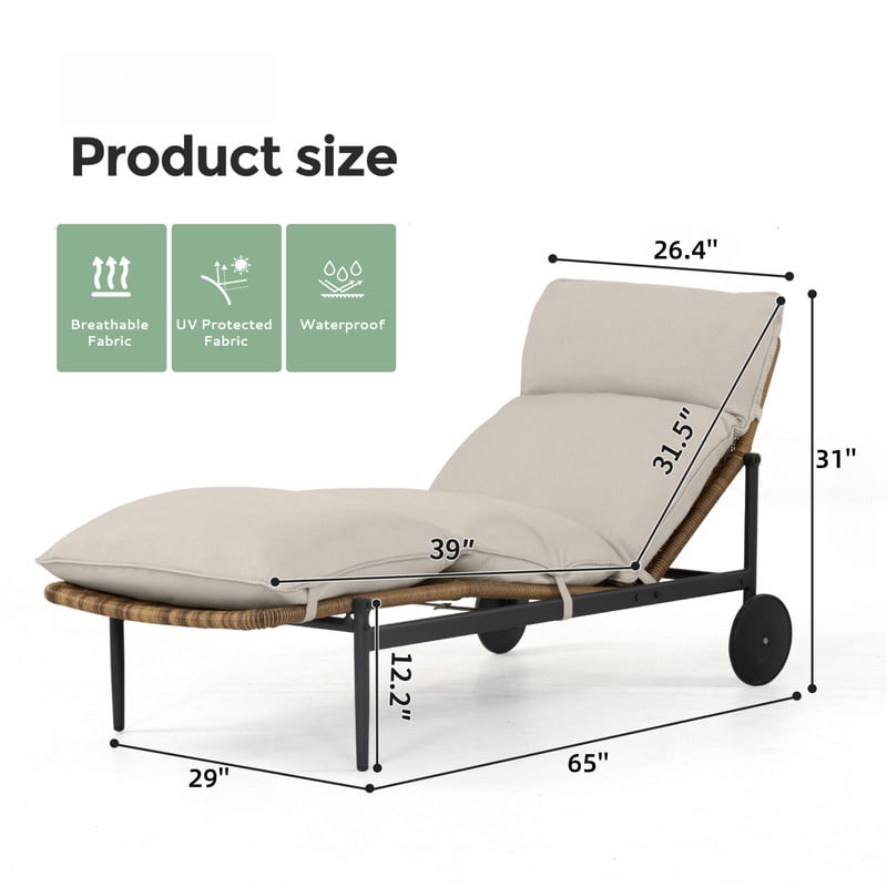 1Pcs Outdoor Poolside Chaise Lounge Single Daybed with Wheels, Patio Rattan Lounge Chair with Cushion