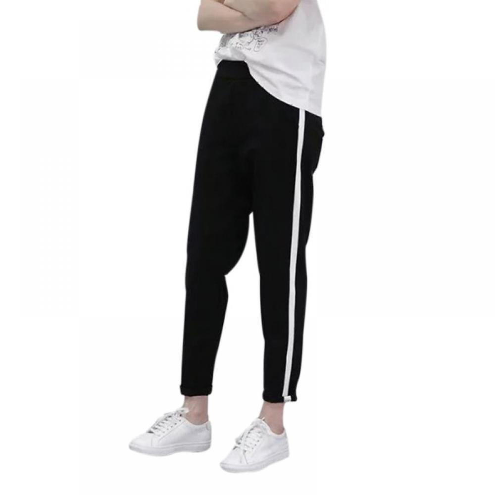 HULKLIFE - Women Black Casual Loose Pant High-waist White Striped Stitching Sports Trousers