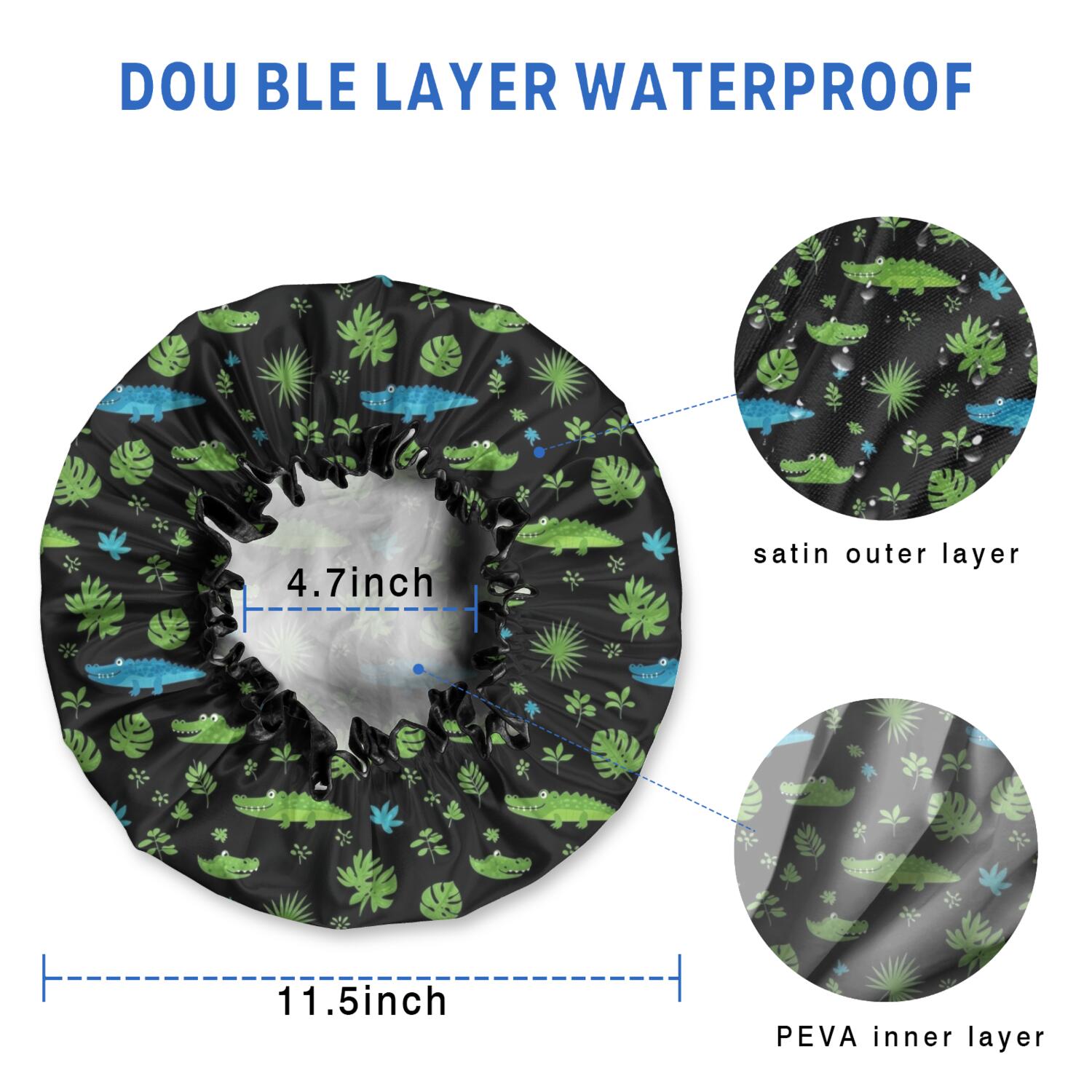 Shower Caps,Black Cartoon Crocodiles Leaves Pattern Waterproof Shower Cap for Women 4 Pieces,Double Reusable Hair Cover for Shower PEVA Elastic Stretch Hem