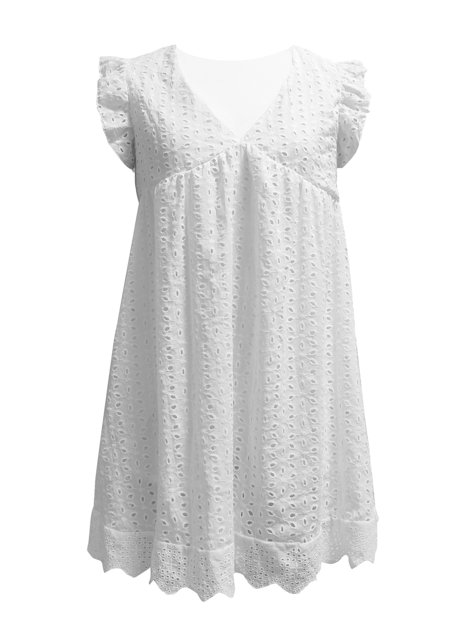 California Romper Dress with Shorts Underneath Pockets Loose Summer V-Neck  Lace Eyelet Skirt Plain Ruffle Sleeve Dress : : Clothing, Shoes 