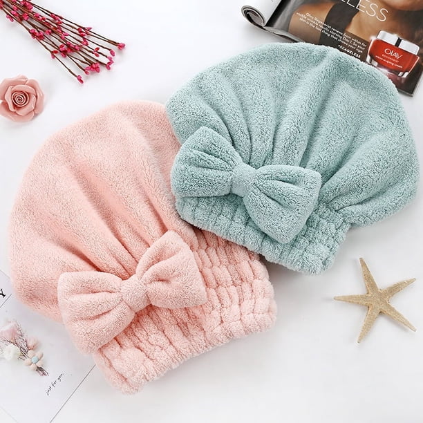 Pañuelo de toalla de microfibra para cabello seco con gorro de ducha con lazo, pañuelo para el cabello, gorro de ducha para mujeres con cabello largo y rizado, regalos, paquete de dos ER