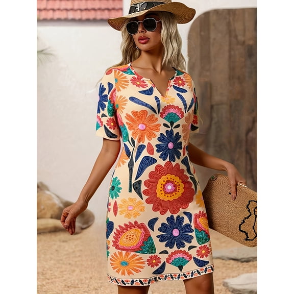 Women's Floral Print Shift Dress, Notch Neck Short Sleeve Casual Summer Mini Dress