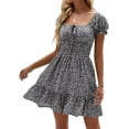 thumbnail image 2 of Square Neck Womens Boho Floral Smocked Short Sleeve Ruffle Beach Summer Mini Dress, 2 of 6
