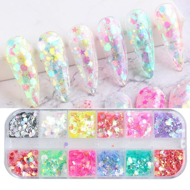 Lentejuelas de brillo de uñas hexagonales mixtas iridiscentes Holo copos de polvo para decoración de uñas esmalte de Gel Paillette accesorios de manicura LADJ01-12-2 Tan Jianjun unisex