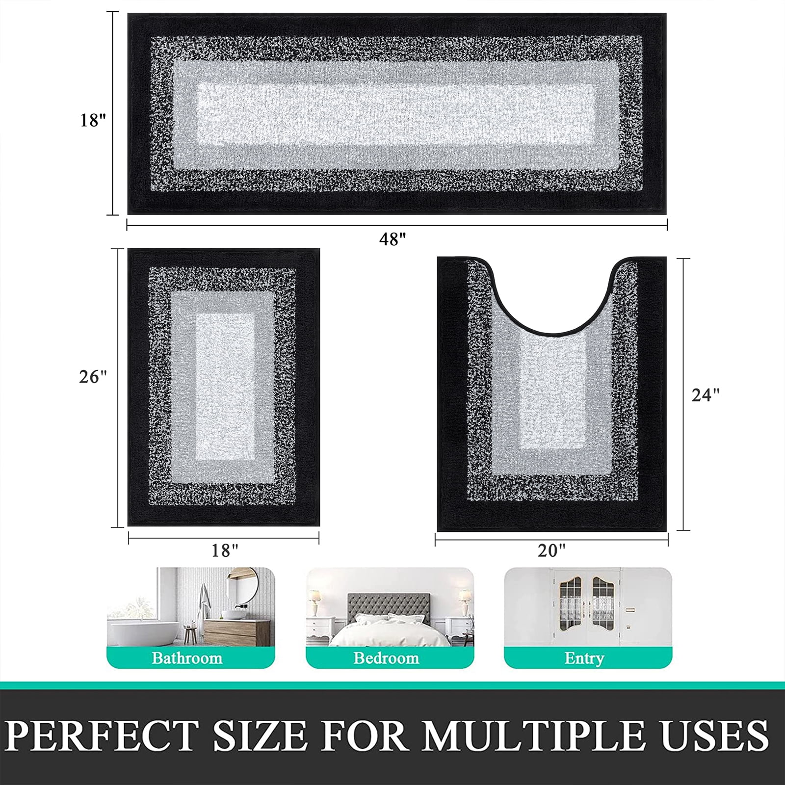 Ileading 3 Piece Bath Rug Set Microfiber Washable Non Slip Bathroom Rug and Mat Set, Black