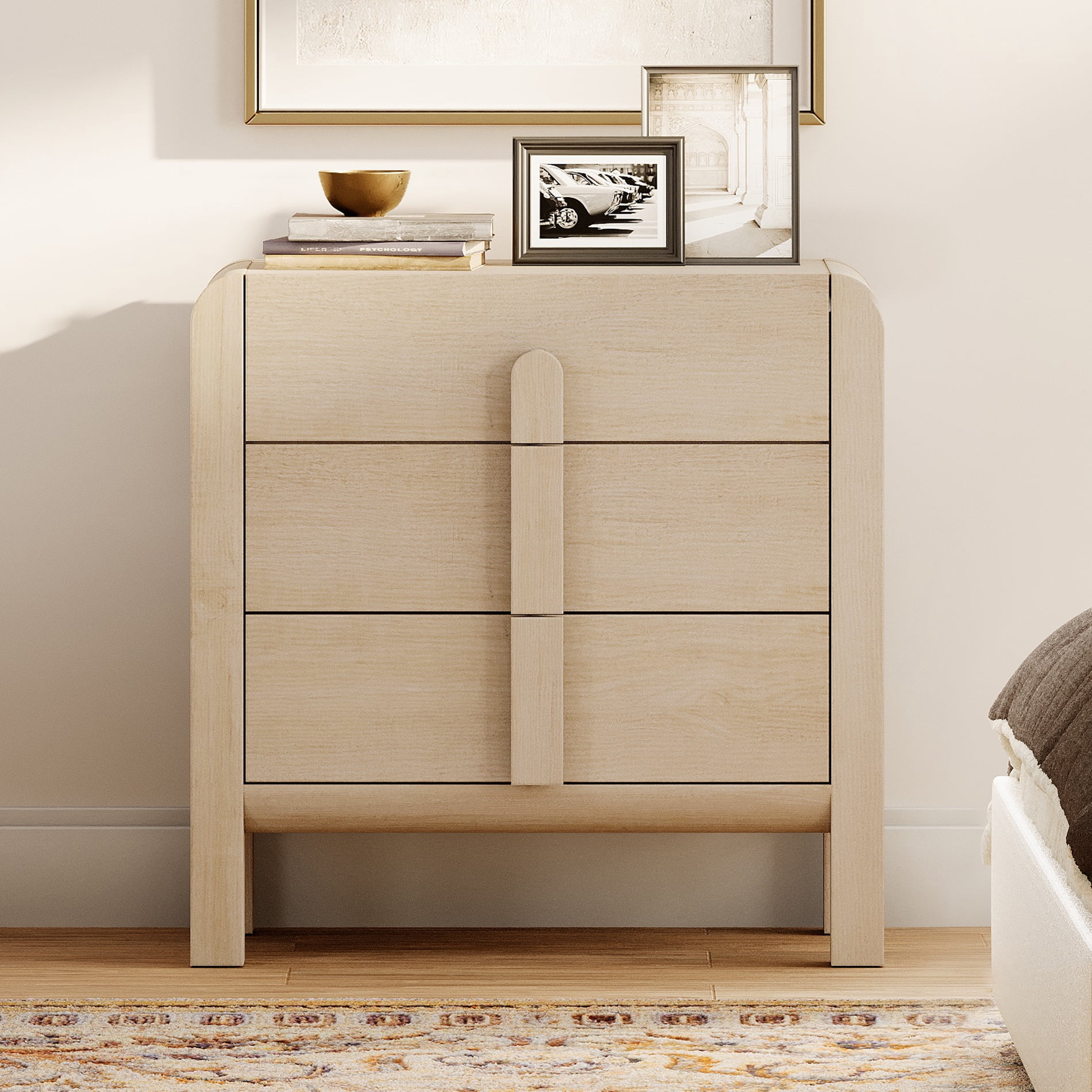 Modern Wood 3-Drawer Dresser with Curved Profile Design, Mid Century Dresser Organizer Storage for Bedroom,Living room, Entryway