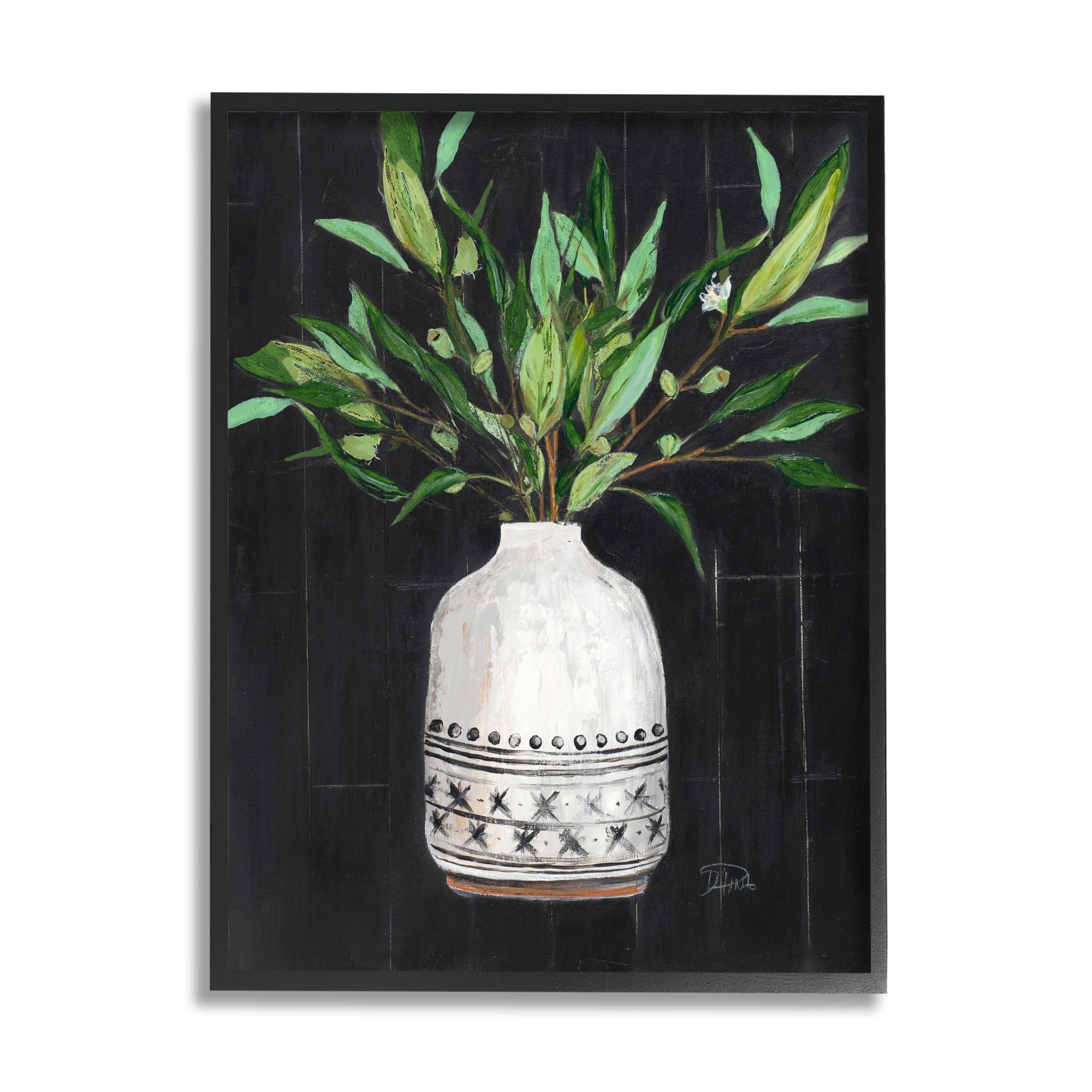 Stupell Industries Tall Botanical Leaves Arrangement Patterned Pottery Vase Painting Gray Framed Art Print Wall Art, Design by Patricia Pinto