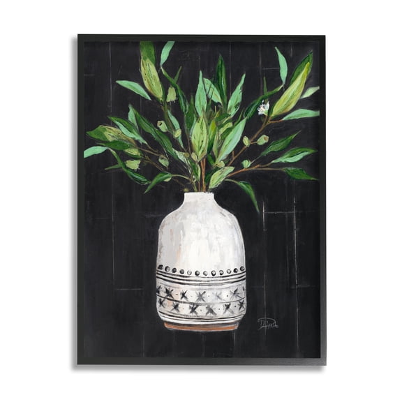 Stupell Industries Tall Botanical Leaves Arrangement Patterned Pottery Vase Painting Black Framed Art Print Wall Art, Design by Patricia Pinto