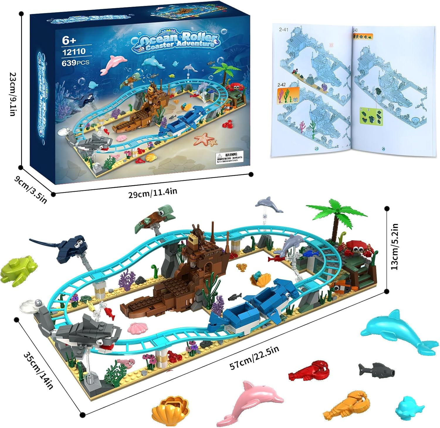 Ocean Roller Coaster, Explorer Ship Building Toy Set Compatible with Lego, Sea Animal Toys Gifts for Girls Boys with Transformations from Shark, Dolphin, Turtle, Fish building set