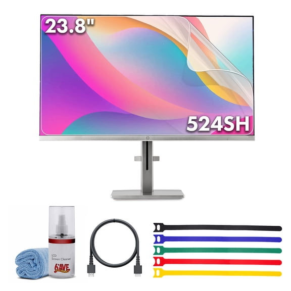HP Series 5 524SH Monitor 24" FHD IPS 300 Nits Display Bundle Including: 3x HDMI Cable, Surge Protector, Cable Ties, Screen Cleaning Kit, Screen Protector