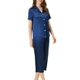 thumbnail image 4 of INSPIRE CHIC Women's Satin Pajamas Sets Short Sleeve Button Tops with Capri Pants 2 Pcs Loungewear L Blue, 4 of 6