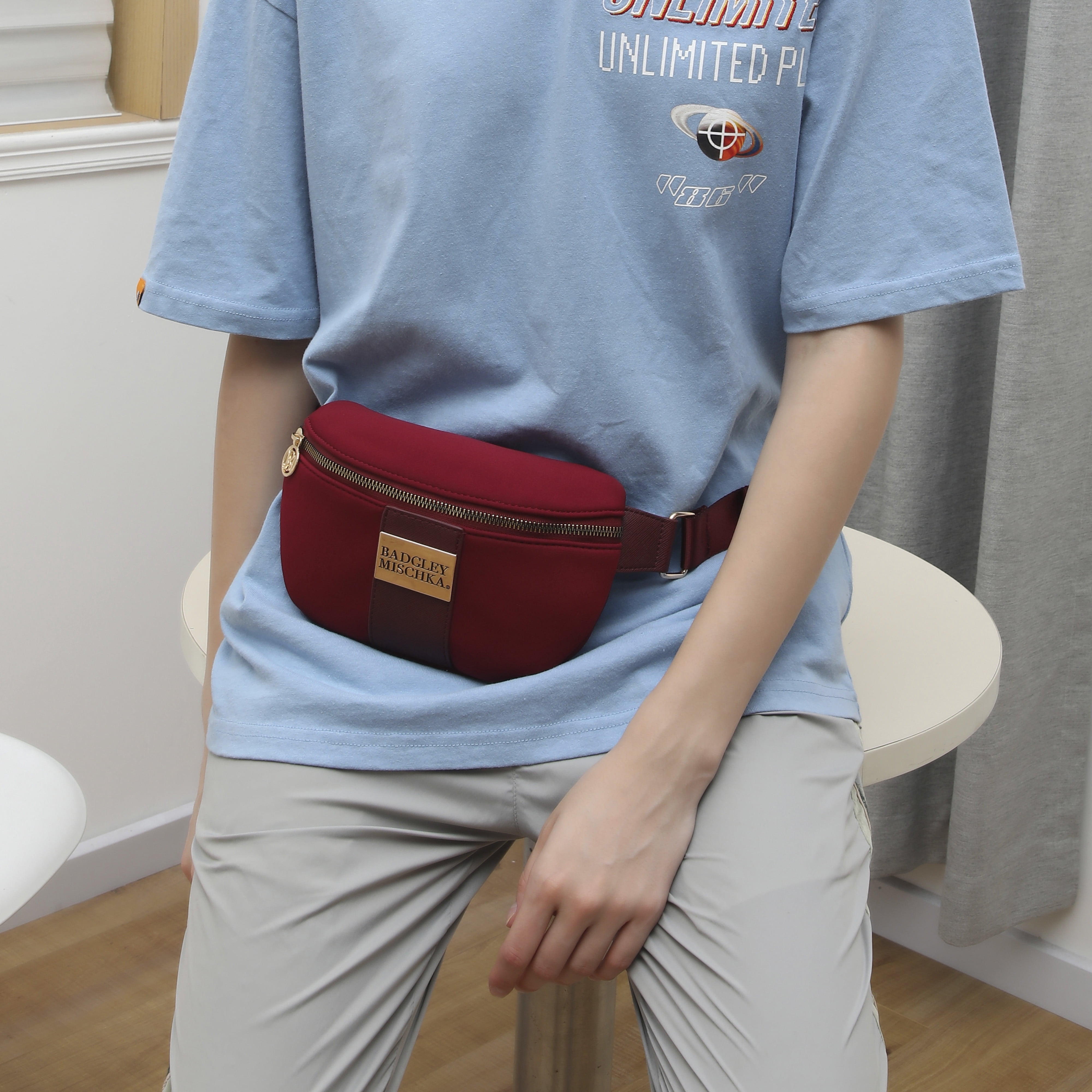 BADGLEY MISCHKA Sage Scuba and Vegan Leather Belt Bag (Burgundy)