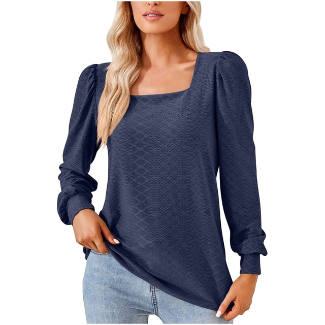 CEHVOM Mode Femme Couleur Unie Col Carré Plissé Manches Longues T-shirt Ample Liquidation