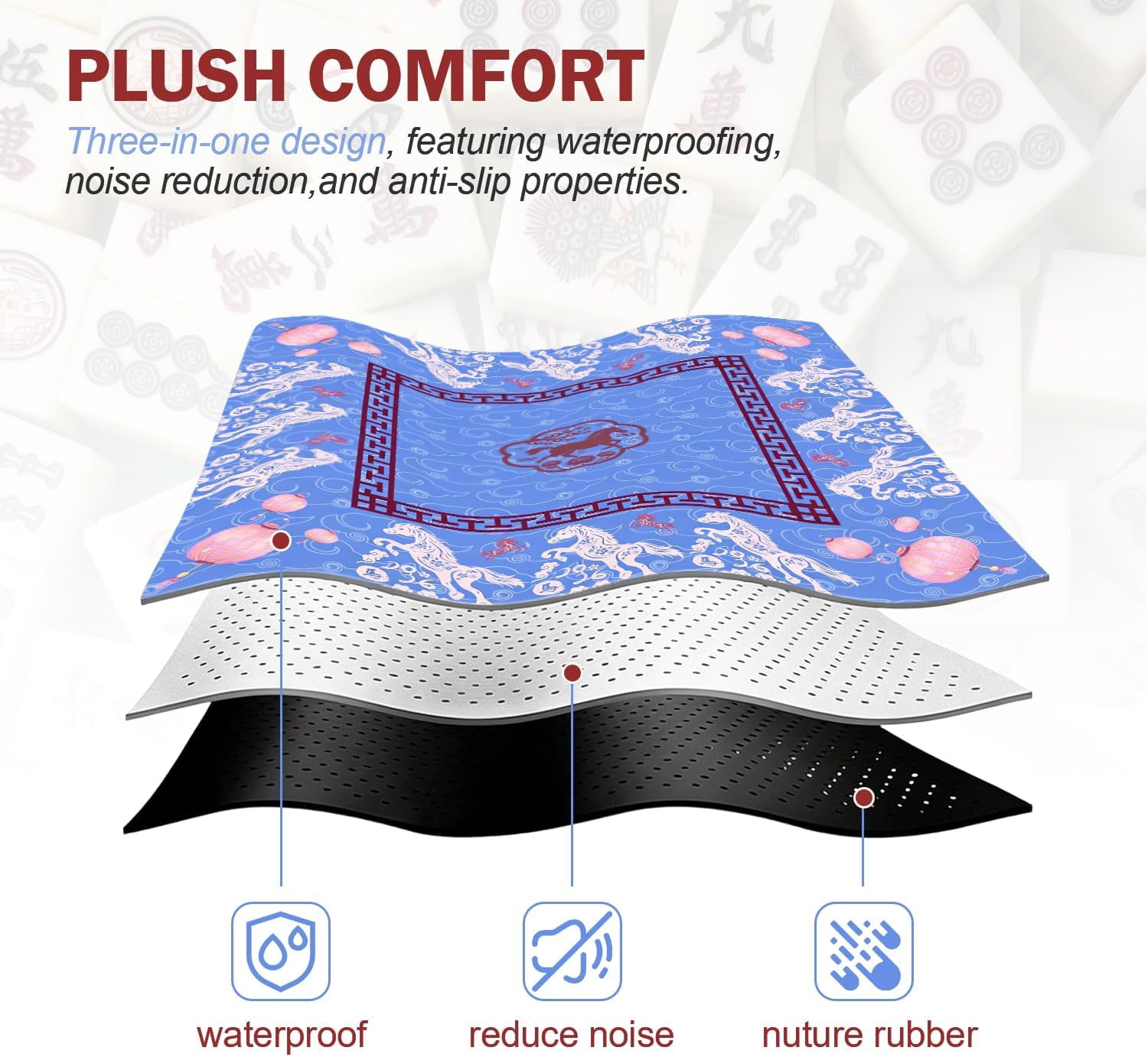 Blue Chinoiserie Horse Lantern Mahjong Mat for Table 31.5 x 31.5 in, Blue and Red Traditional Oriental Horse Non-Slip Noise Reduction Game Table Cover for American Mahjong Card Board Tile Games