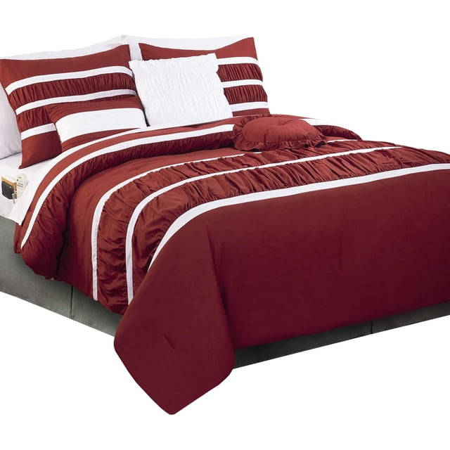 Mocassi 12-Piece Comforter Set, Isabella Bedding Collection includes 6-Piece Smart Sheet Set, Matching Shams & Decorative Pillows, Full/Queen, Burgundy