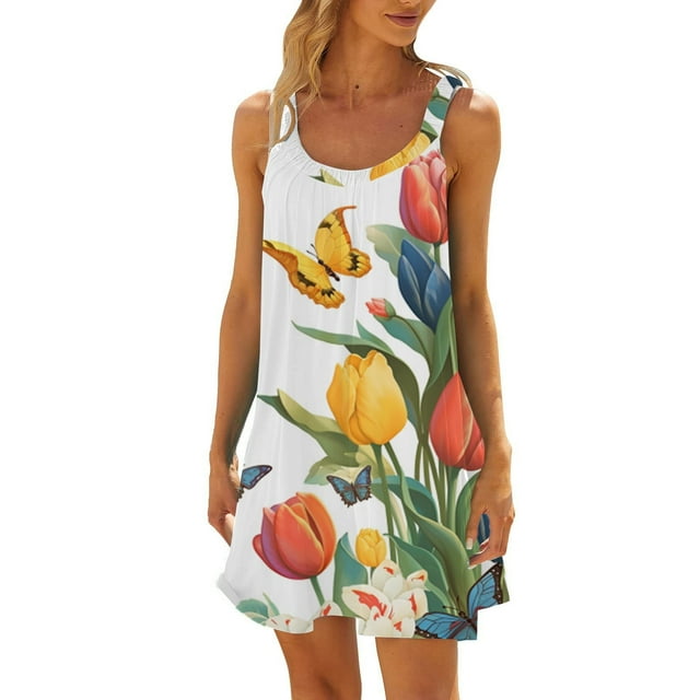 Daznico Robe d'Été pour Femmes, Mode d'Été Imprimée Plissée Sans Manches Bretelles Robe de Plage Décontractée, Robes d'Été pour Femmes