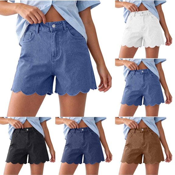 Women's Y2K Jean Shorts High Waist Loose Scalloped Hem Denim Shorts Soft Stretch Vintage Jeans with Pockets Daily Travel Casual Outfits White