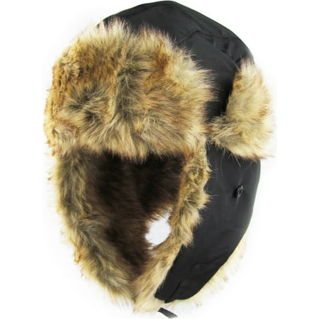 Faux Fur Winter Trapper - Solid Black Aviator Trapper Hat Winter Ski Cap Faux Fur